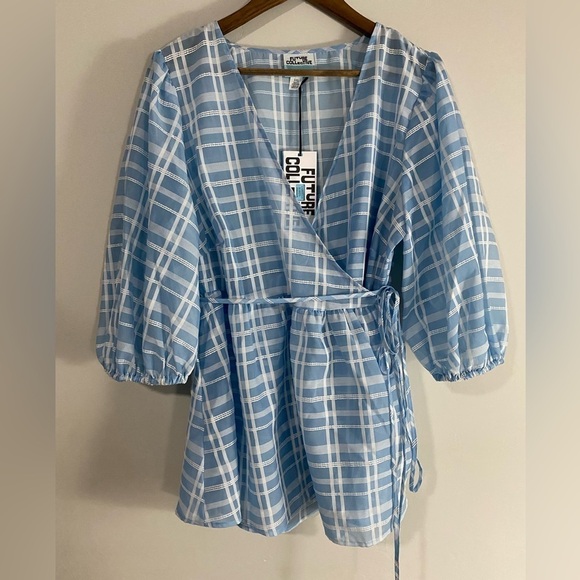 Future Collective - Blue Gingham Wrap Babydoll Blouse - Picture 3 of 14
